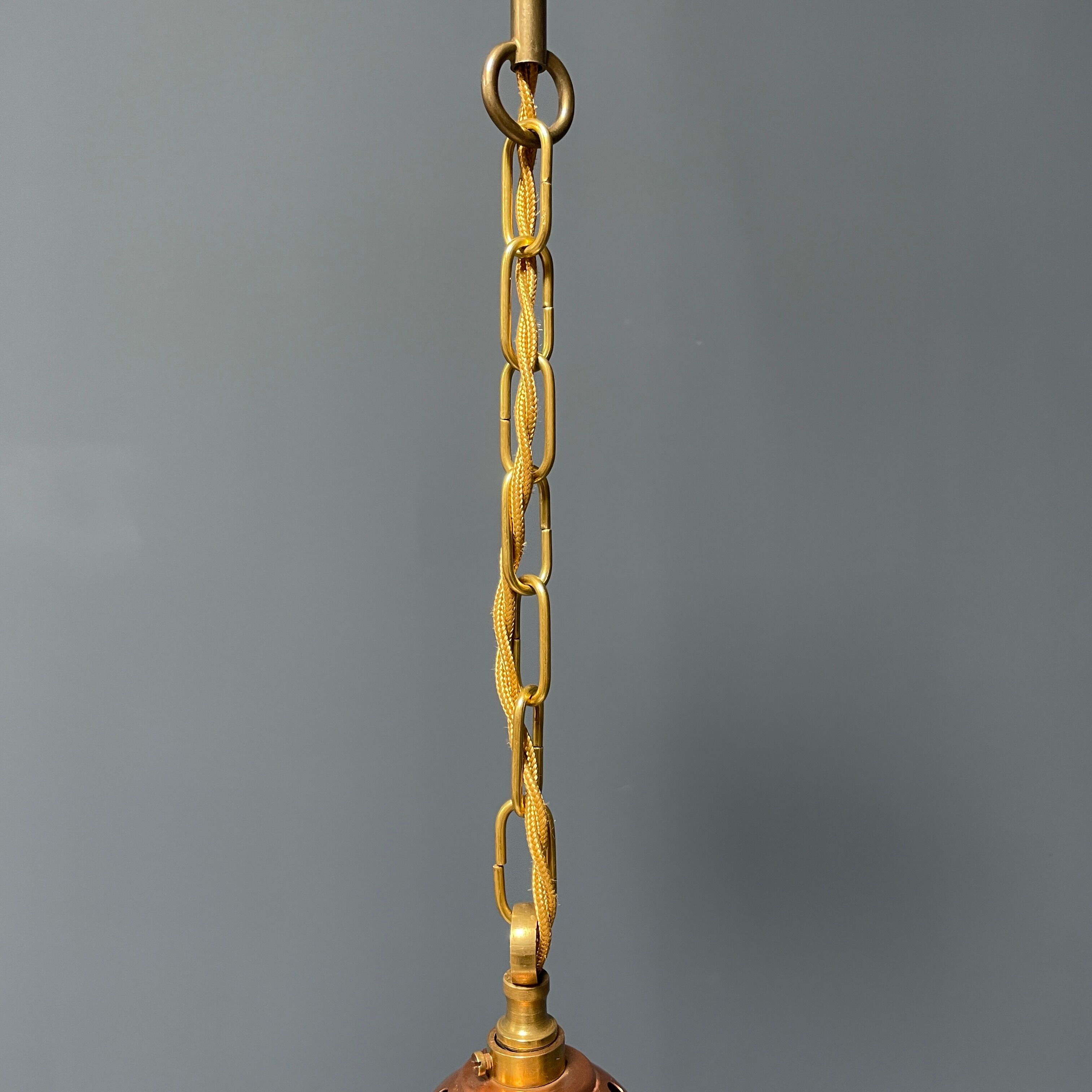 Opaline glass ball hanging lamp with copper fixture