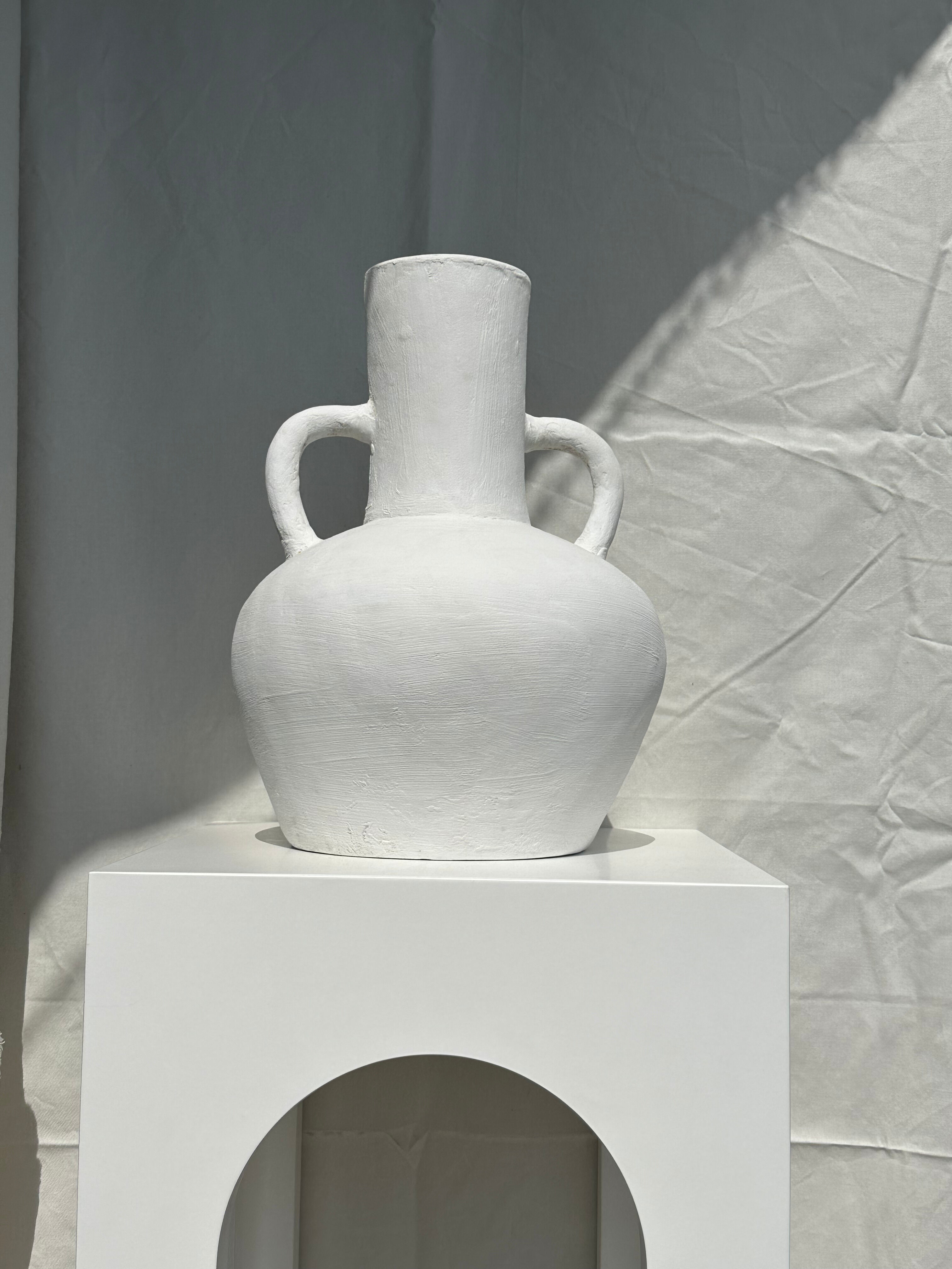 Handcrafted terracotta vase painted white with double handles h:40 d:30