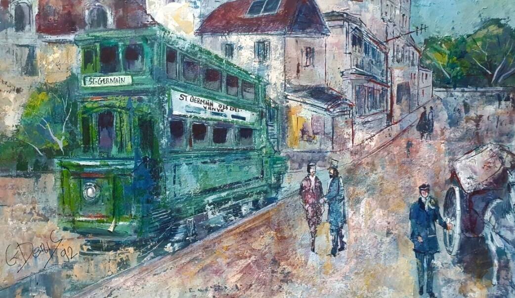 Tableau ancien rue animée à Saint Germain, signé G. Denis