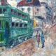 Tableau ancien rue animée à Saint Germain, signé G. Denis