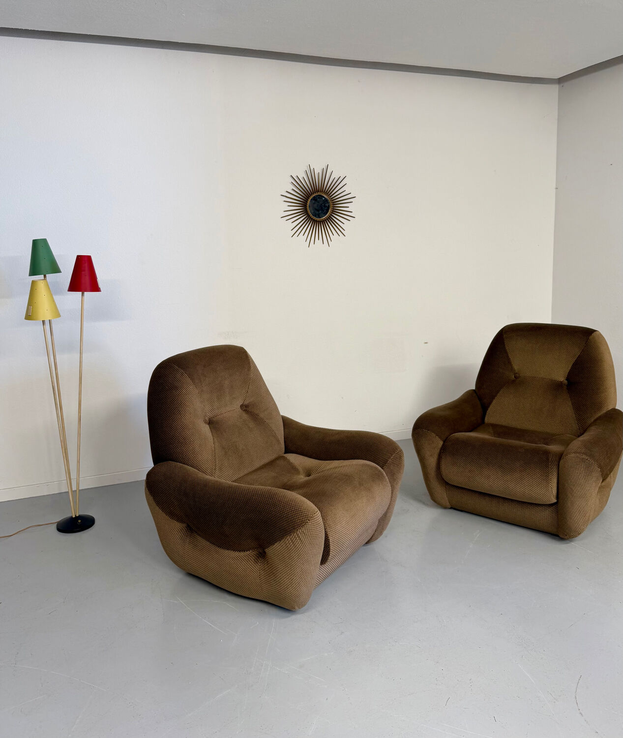 Lot of 2 cosy fabric armchairs, French design, vintage 1970s.