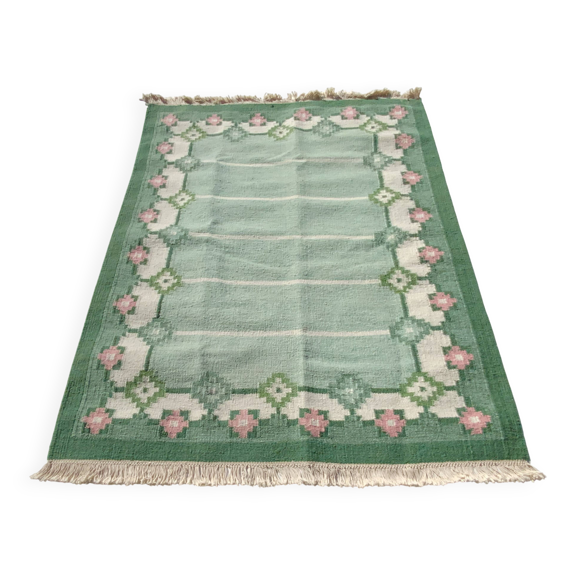 Swedish Green Wool Rug Flat-Weave Kilim Rölakan Rug Signed “M” 1960s