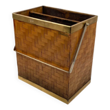 Hollywood regency brass and woven bamboo magazine rack, Metal Linea Nova Italy 1970