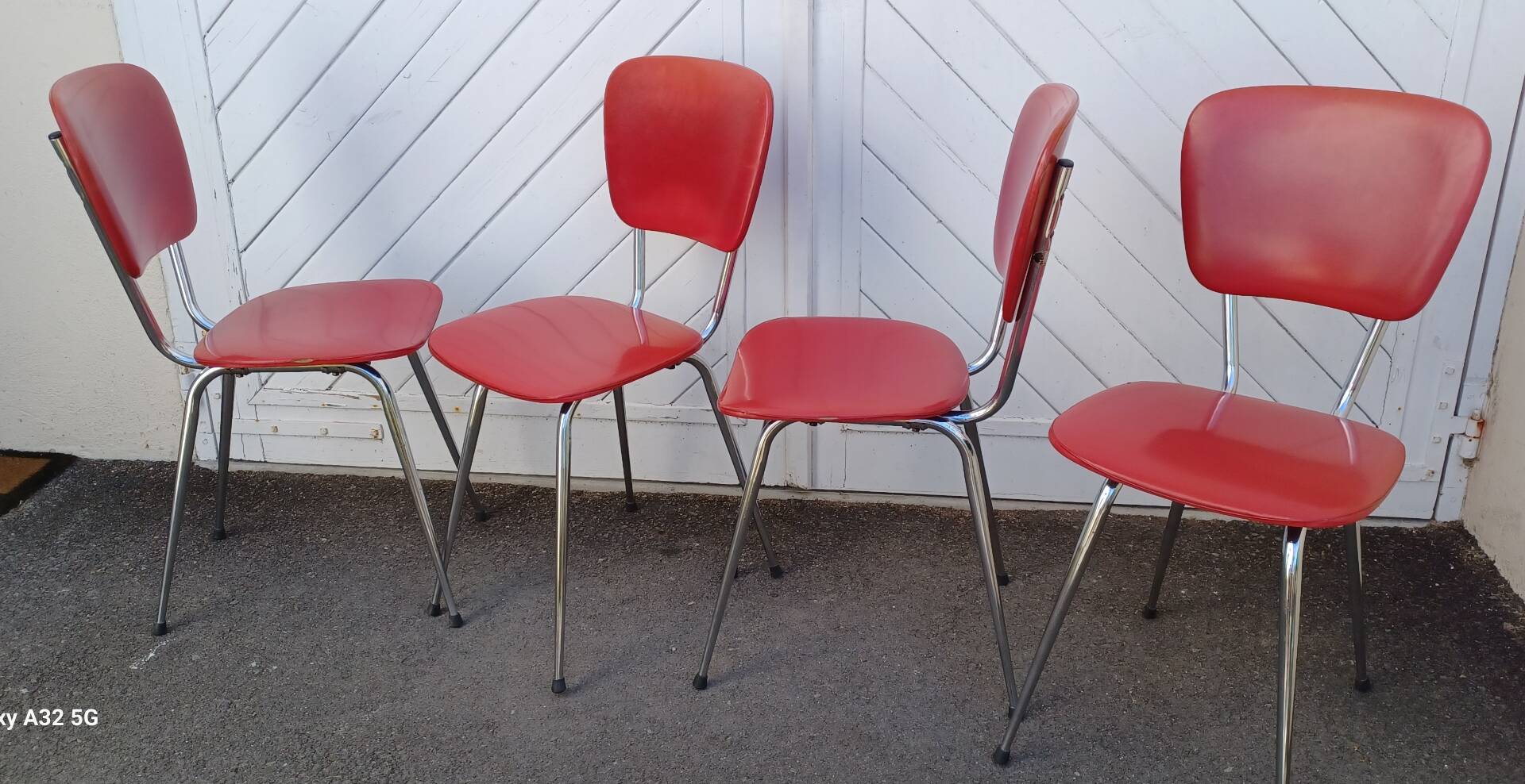 4 vintage Lafargue kitchen chairs in faux leather and chrome