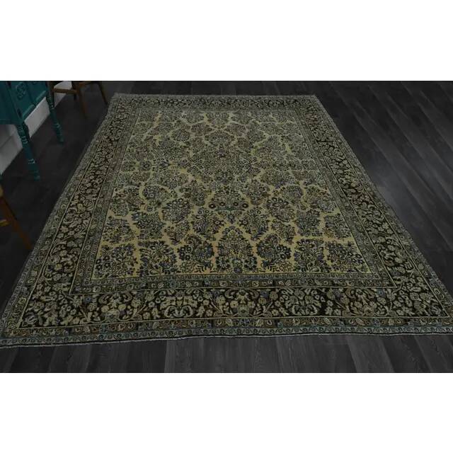 1970s Vintage Persian Handmade Wool Cotton Green Area Rug 265x368
