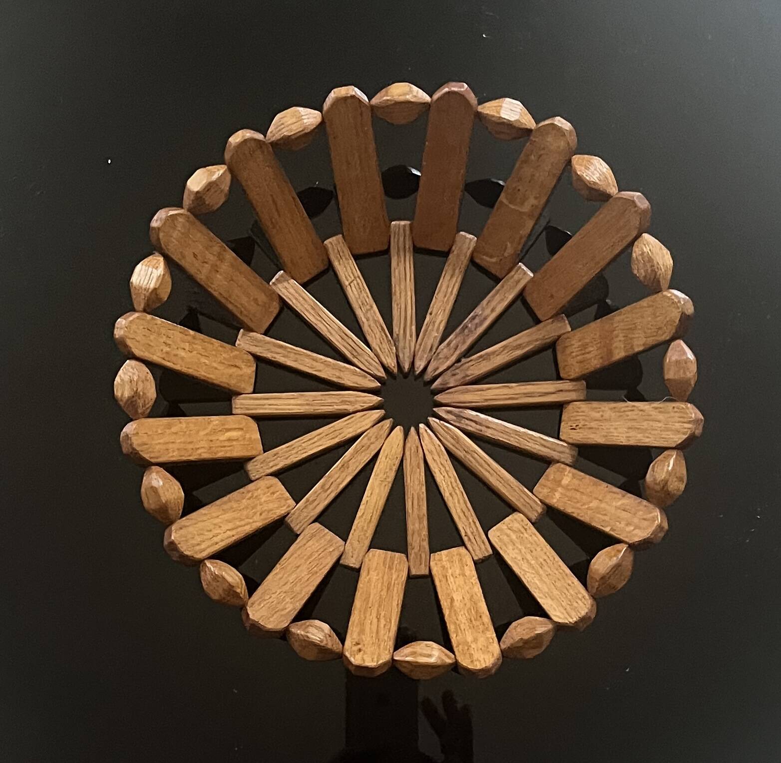 geometric olive wood basket, France 1970
