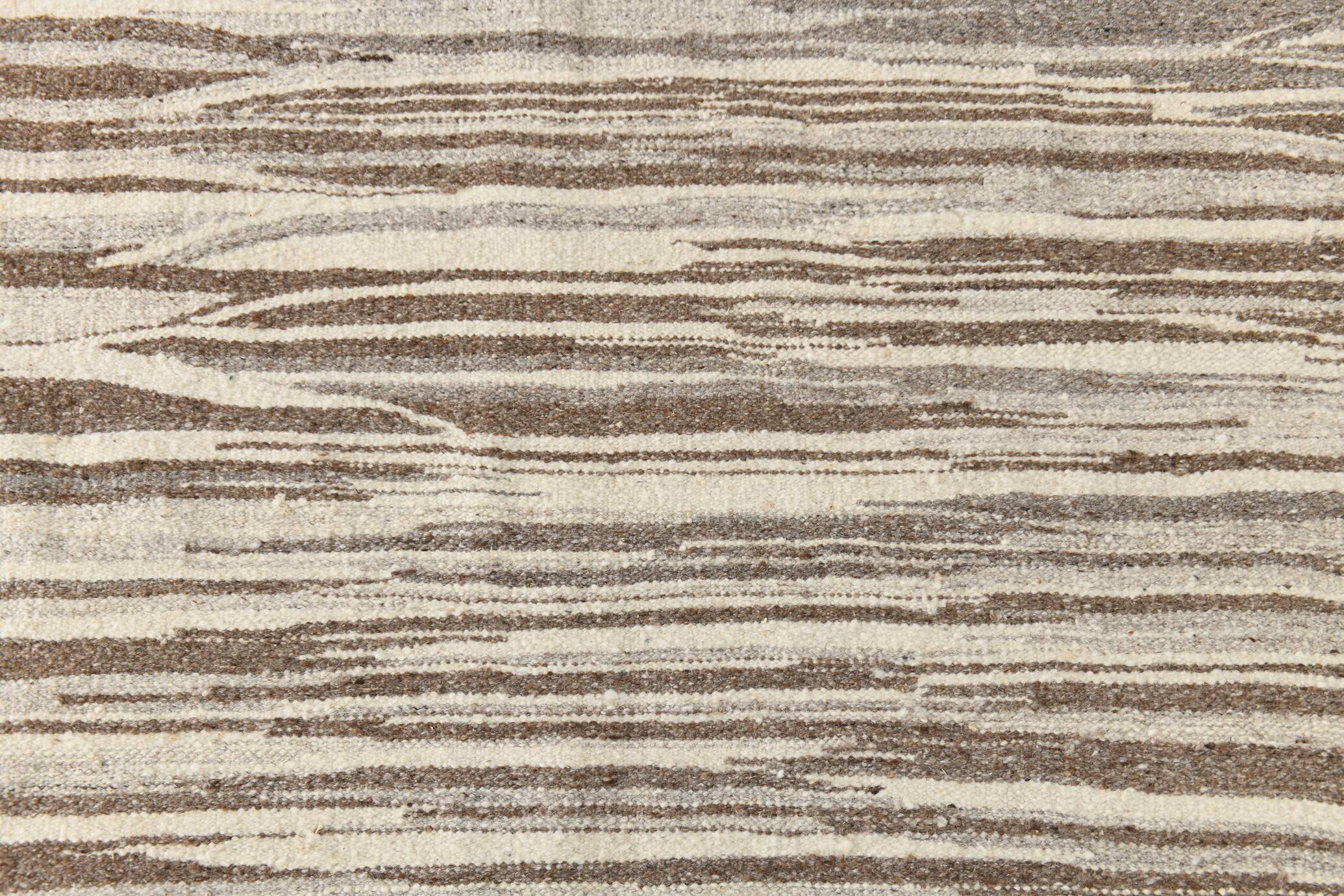 8x10 Beige & Light Brown %100 Wool Handmade Striped Kilim Rug, 232x291 Cm