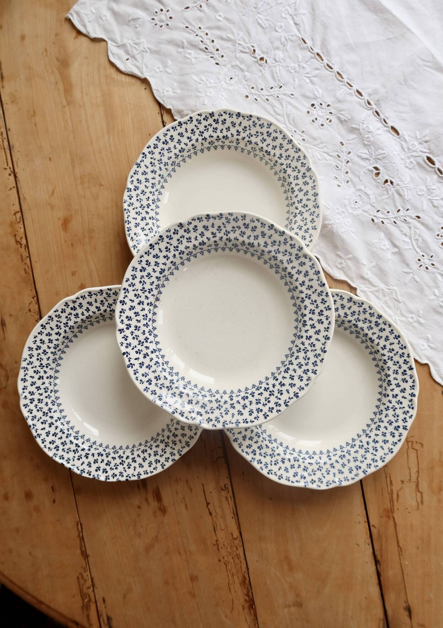 4 vintage Gien deep plates – Ivory earthenware with blue flowers