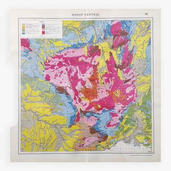Carte ancienne France le massif central en 1950 43x43cm