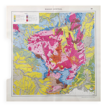 Old map of France, the Massif Central in 1950, 43x43cm.