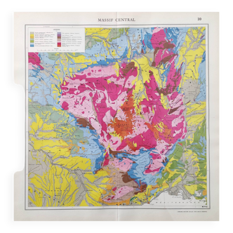 Carte ancienne France le massif central en 1950 43x43cm