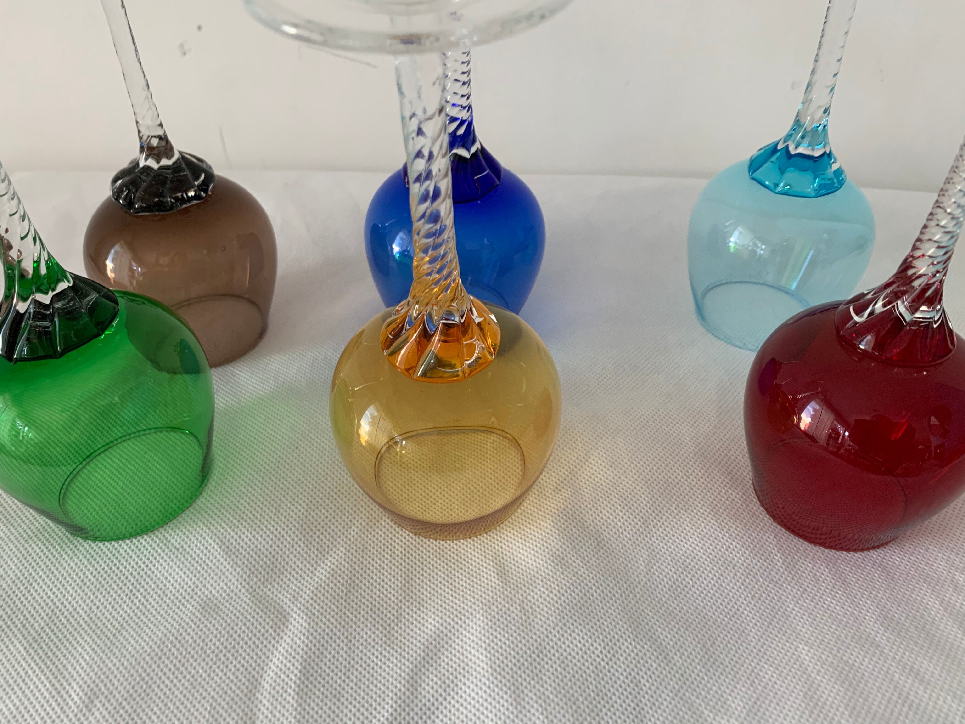 Set of 6 murano 1970 colored digestive glasses