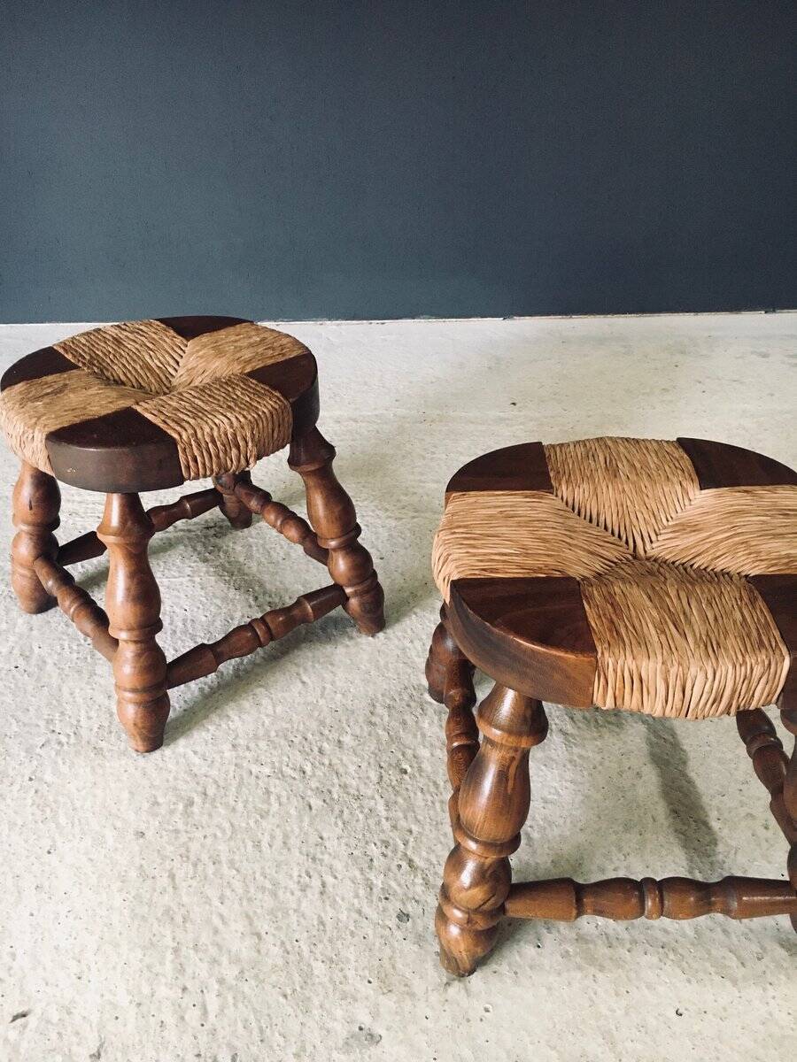 Rustic Low Oak and Rush Stools in the style of Charles Dudouyt, France, 1940s, Set of 2