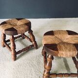 Rustic Low Oak and Rush Stools in the style of Charles Dudouyt, France, 1940s, Set of 2