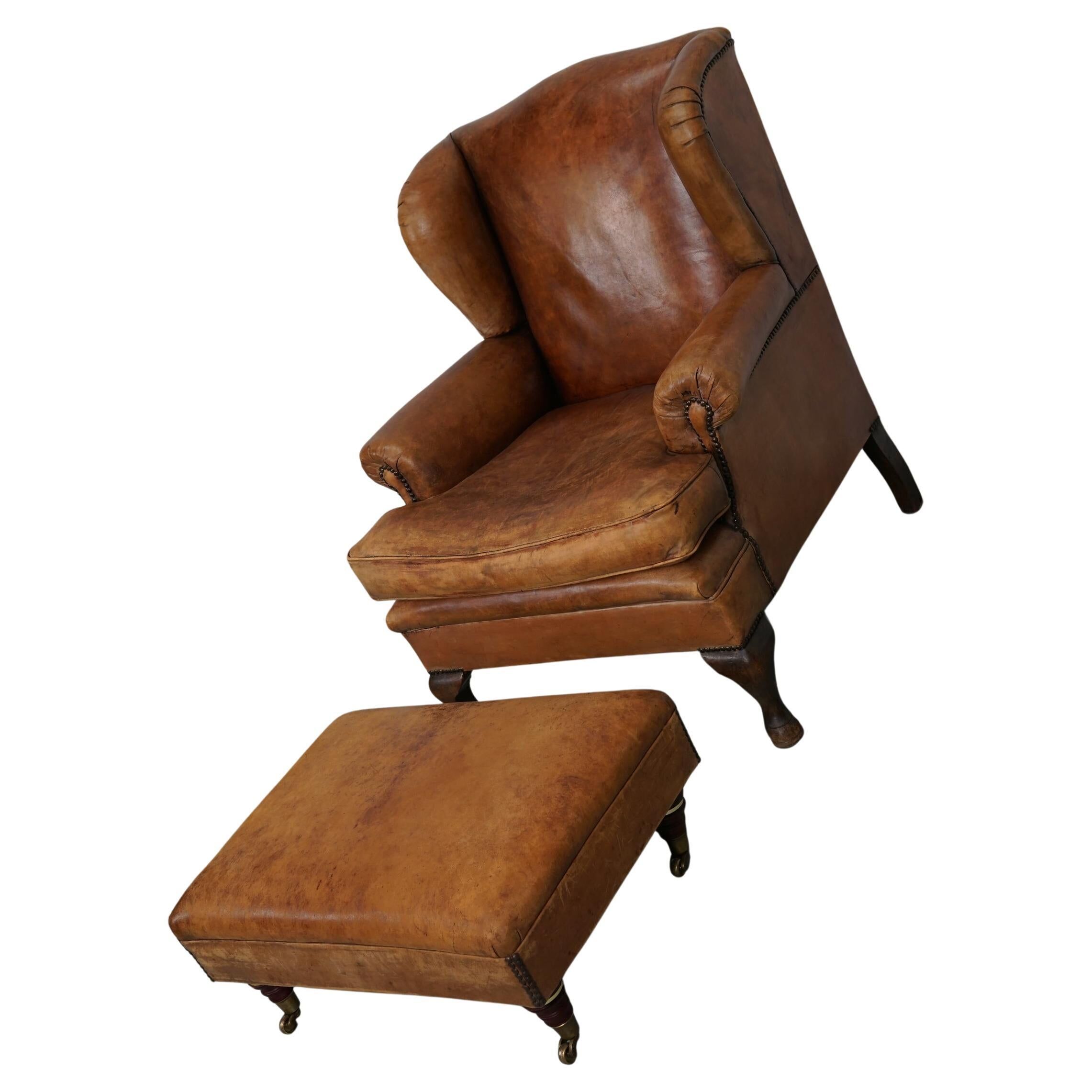 Vintage Dutch cognac coloured leather club chair, with footstool