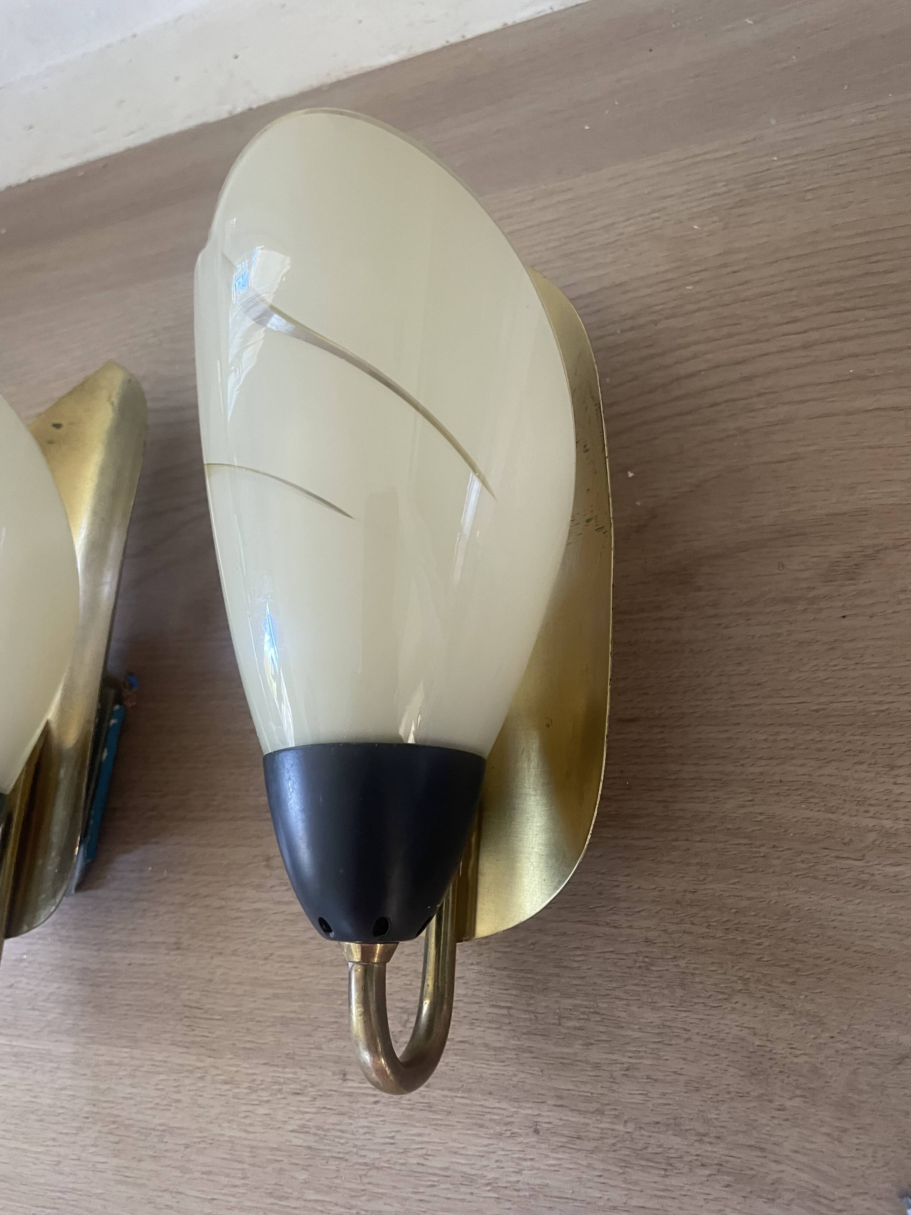 Pair of vintage wall sconces, opaline glass and brass circa 1950.
