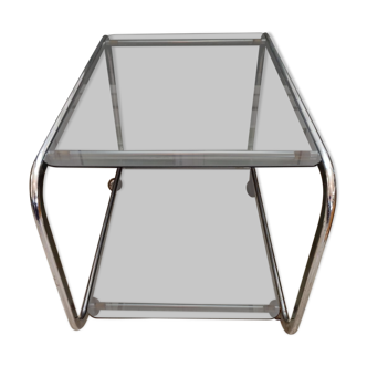 Vintage serving trolley in brushed aluminum and glass