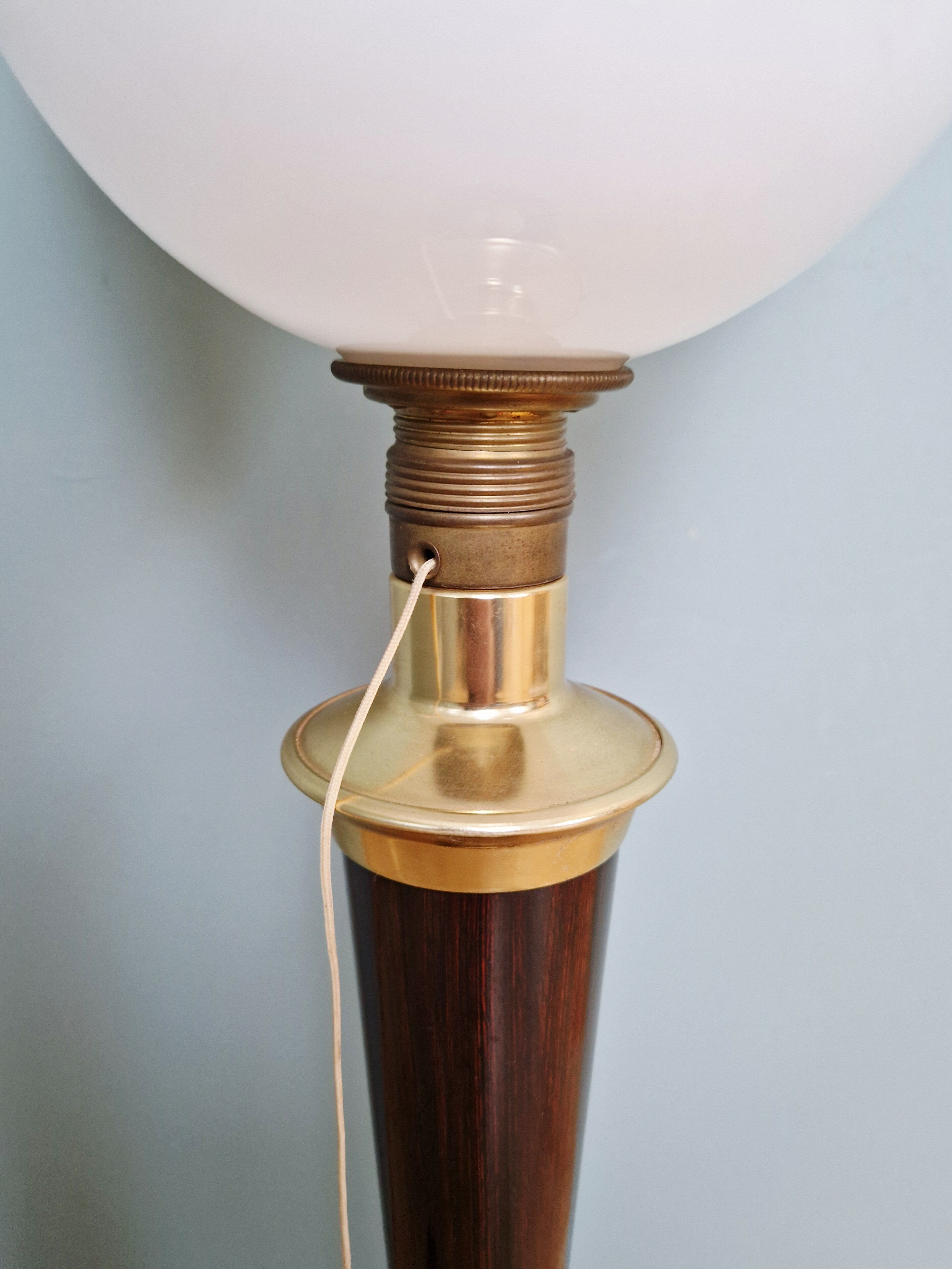 Large Art Deco Mazda lamp in wood, brass, and white opaline, 1930.