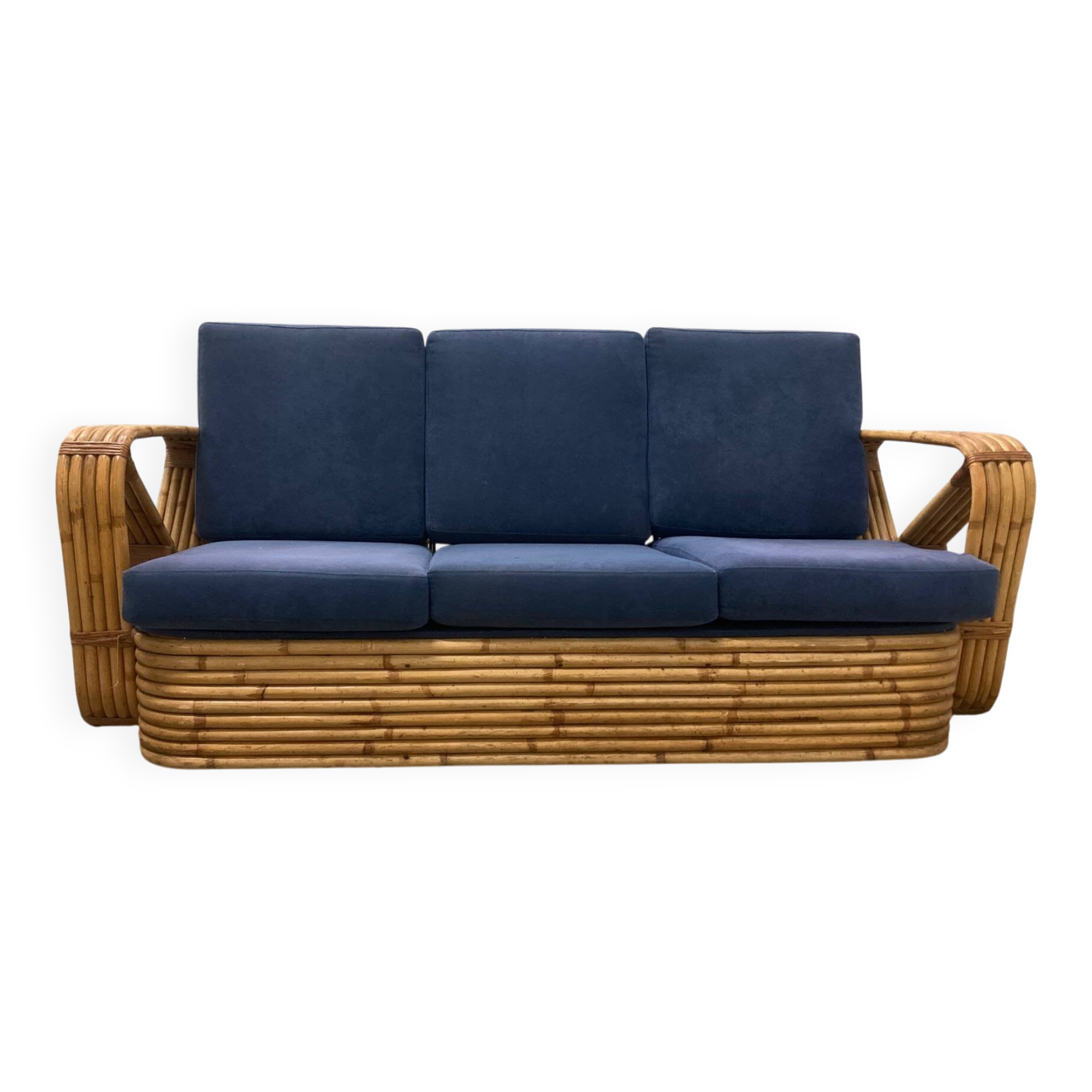 Exclusive Six Strand Rectangular Rattan 3-Seat Sofa after Paul Frankl, 50s