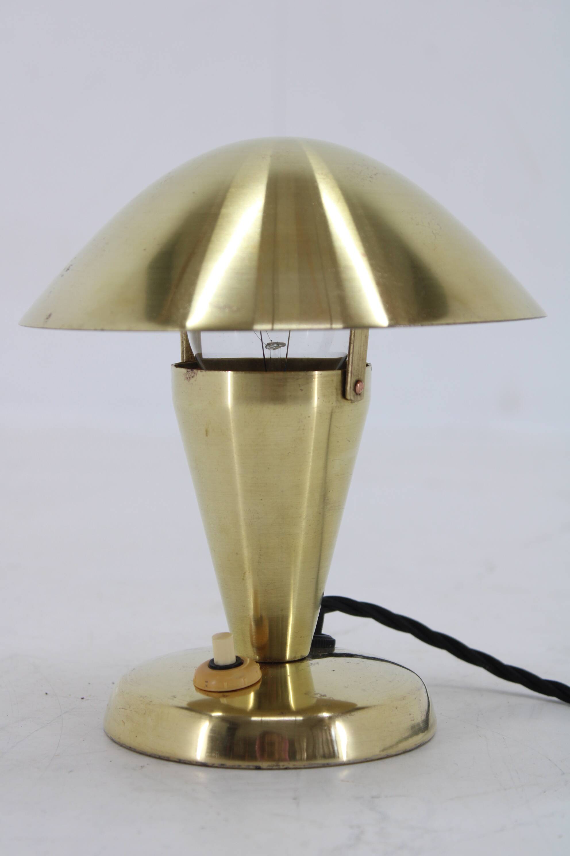 1930s Bauhaus Brass Finish "Mushroom" Table Lamp, Czechoslovakia