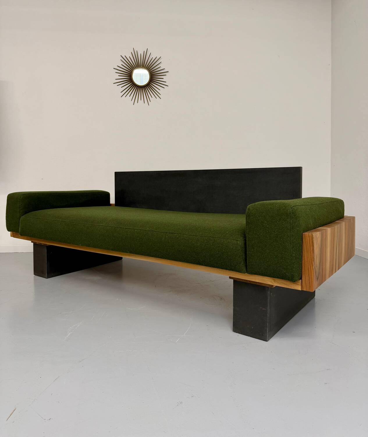 Vintage 3-seater sofa, green, solid wood, 70s/80s design