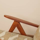 Pair of vintage lounge chairs in brown jacquard fabric and wood.