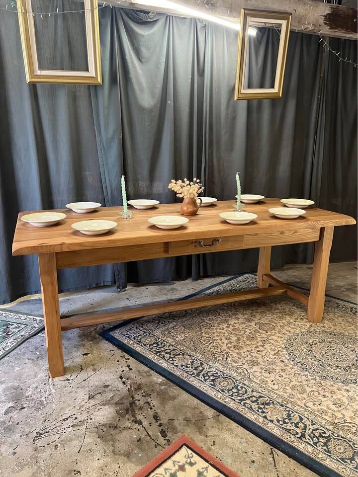 Restored antique farmhouse table in solid elm