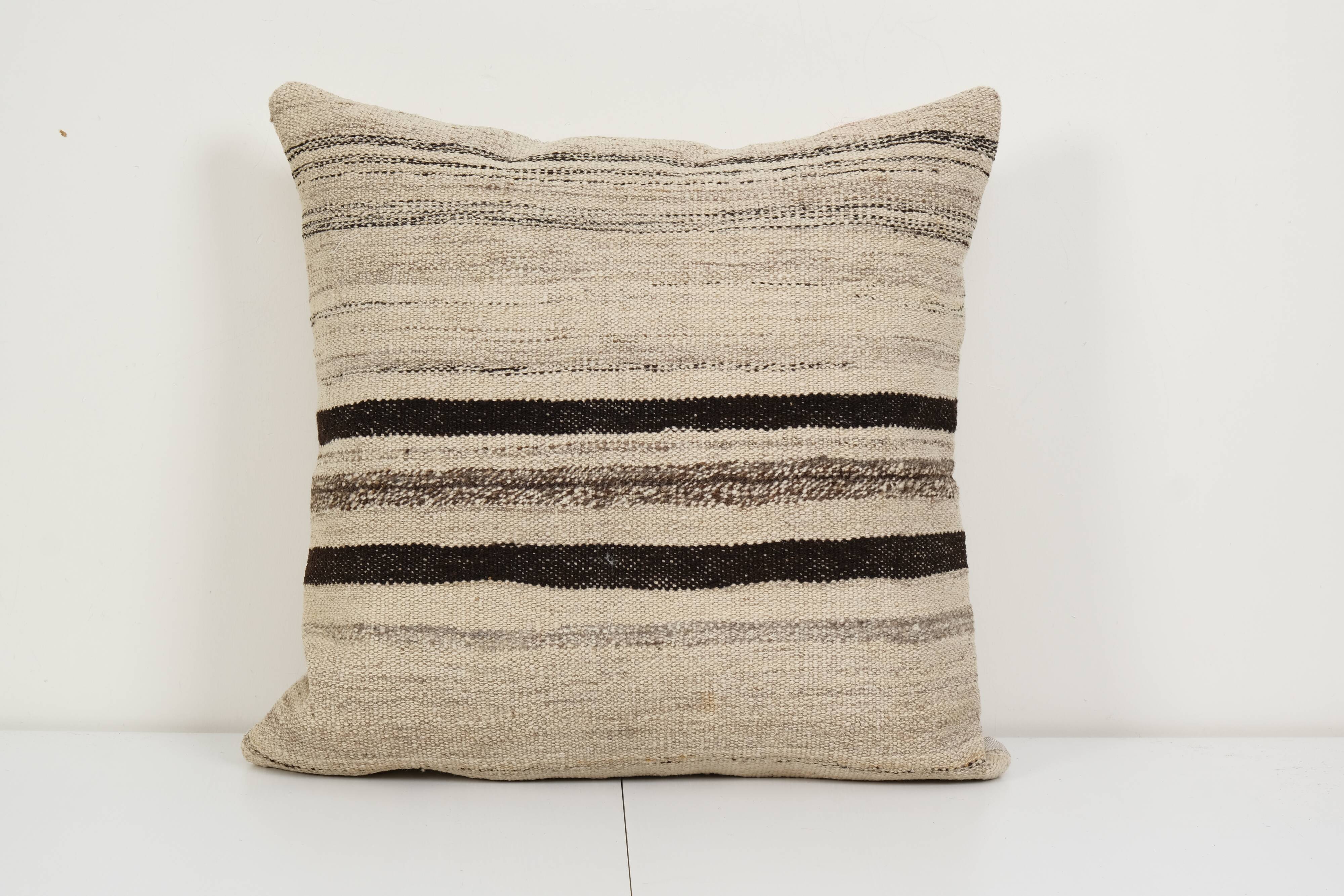 24" x 24" vintage minimalist style hemp pillow with original details, oversize wool turkish kilim