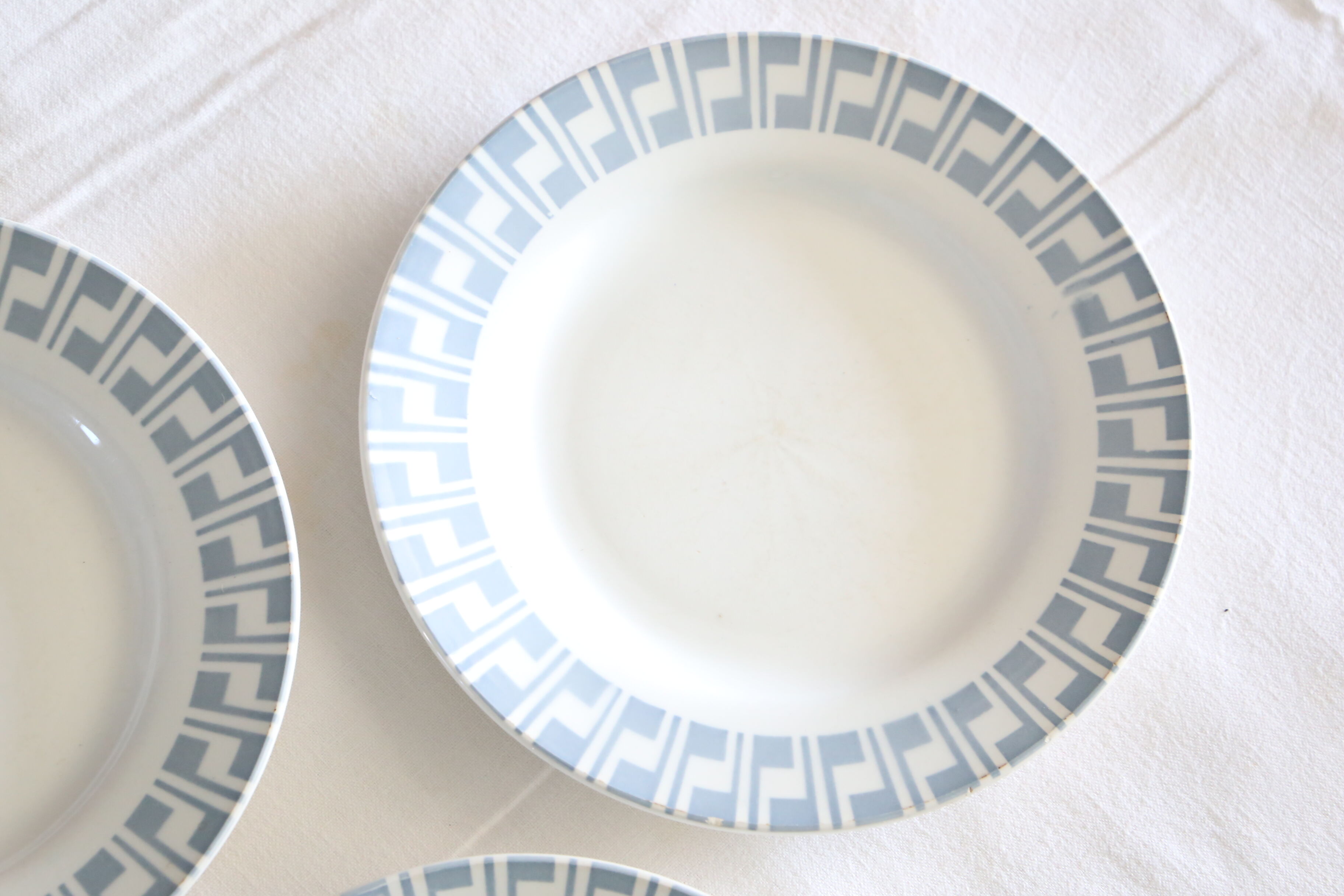 Set of 5 Digoin flat plates, blue geometric patterns, vintage French, rustic, campag