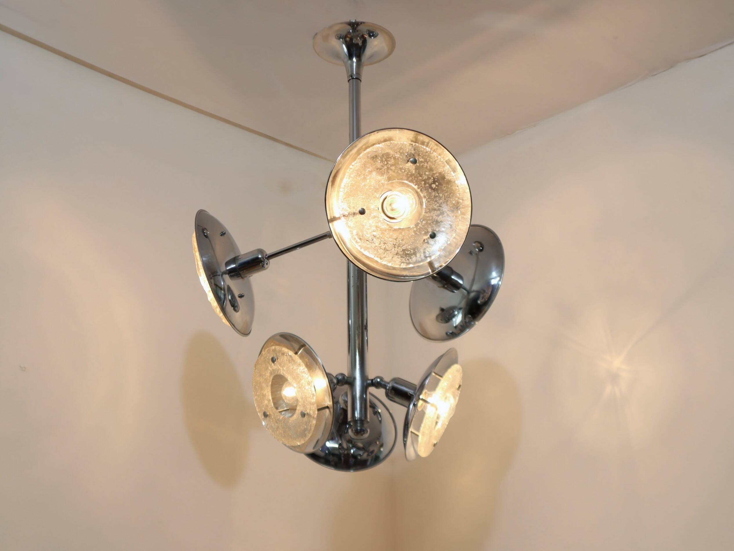 Esperia chandelier 1970s, chrome and Murano glass, 6 arms adjustable