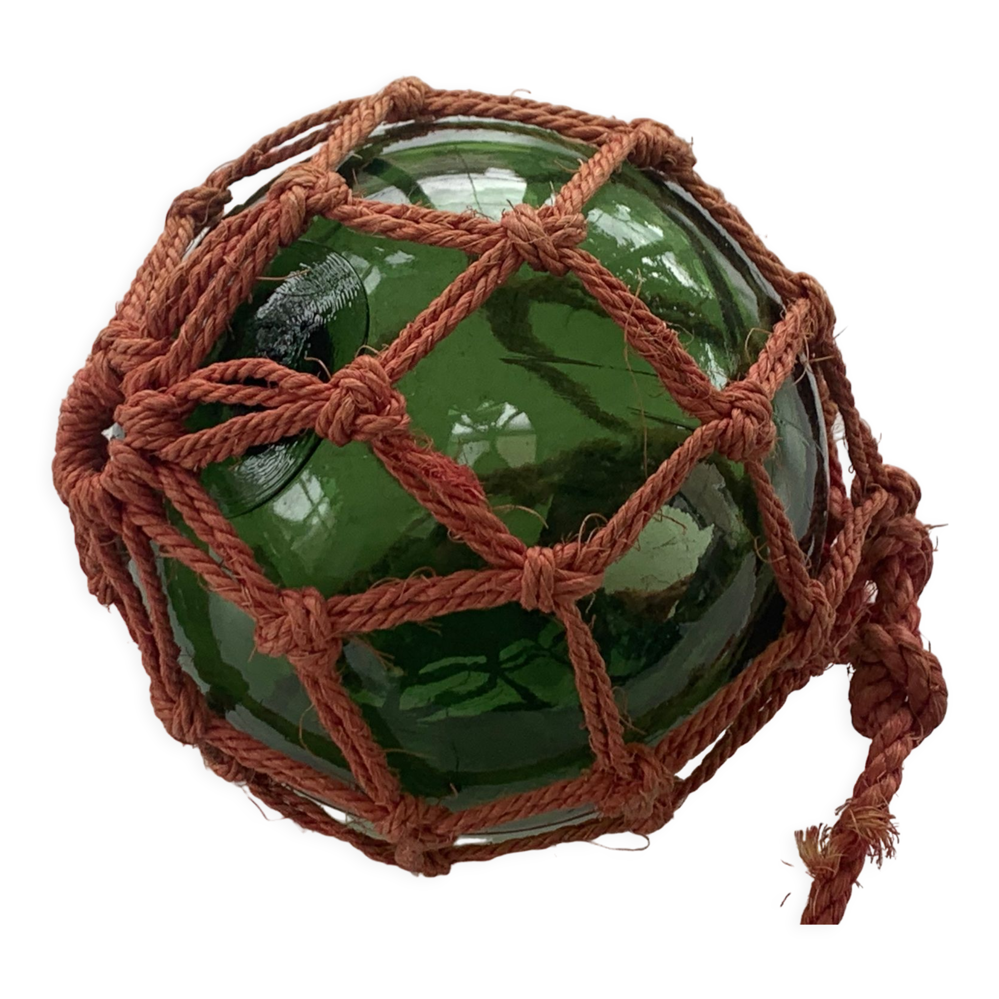 Globe, green glass float and vintage rope