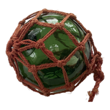 Globe, green glass float and vintage rope