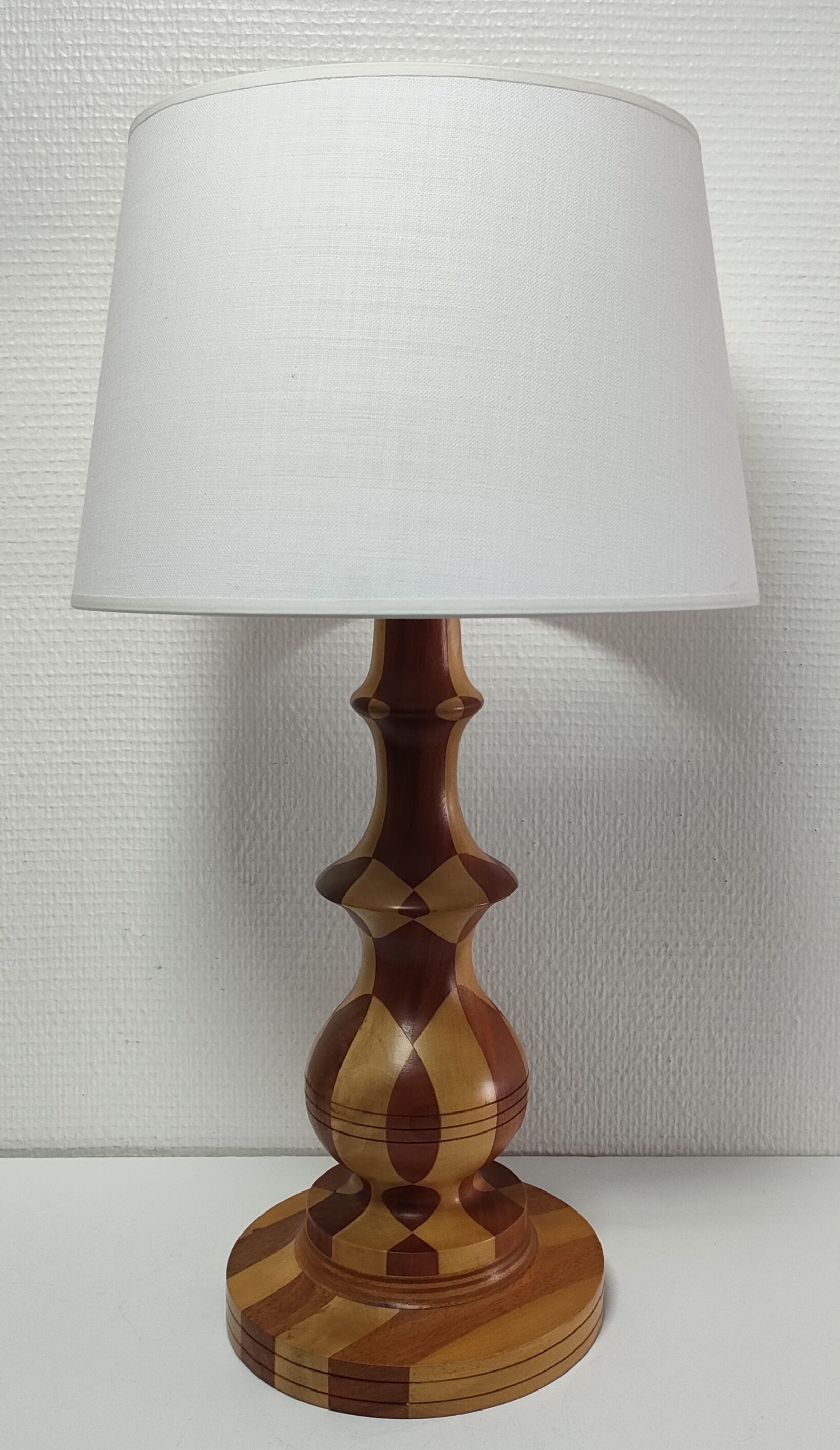 Turned wooden lamp and vintage wood inlay