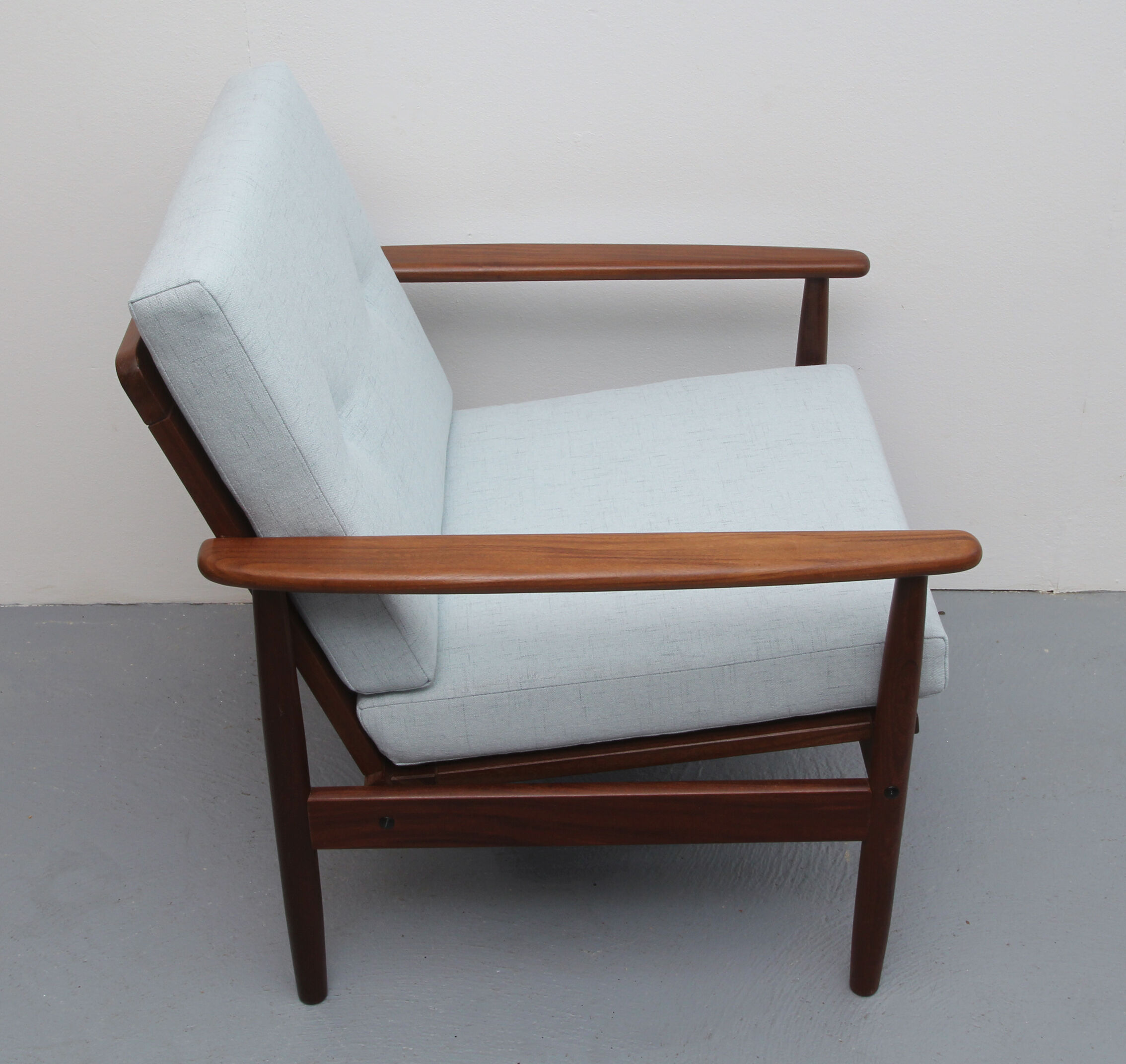 1960s teak armchair new cushions in grey-blue