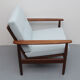 Fauteuil en teck des années 1960 nouveaux coussins en gris-bleu