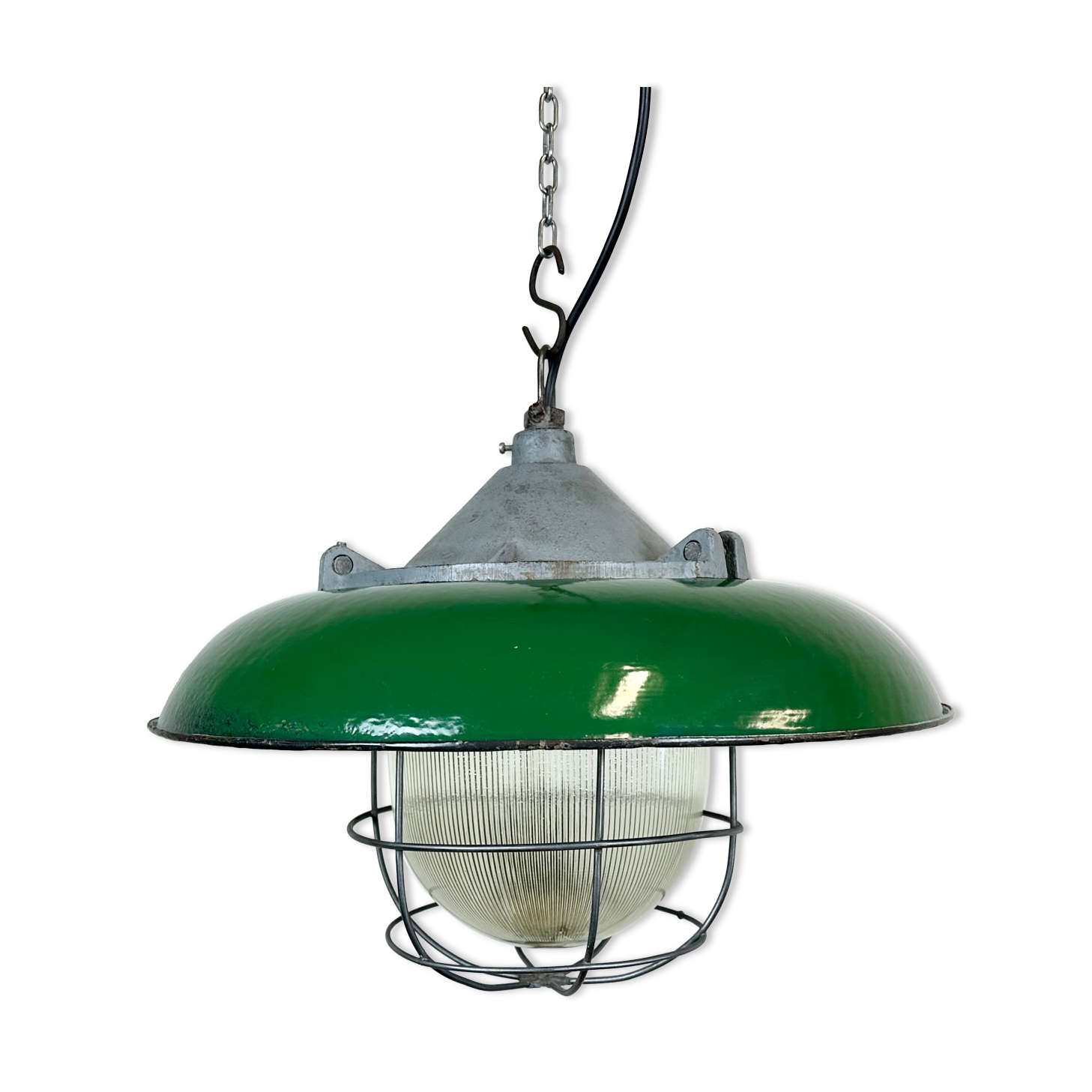 Industrial Green Enamel Factory Cage Pendant Lamp in Cast Iron from Zaos, 1960s