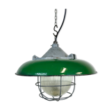 Industrial Green Enamel Factory Cage Pendant Lamp in Cast Iron from Zaos, 1960s