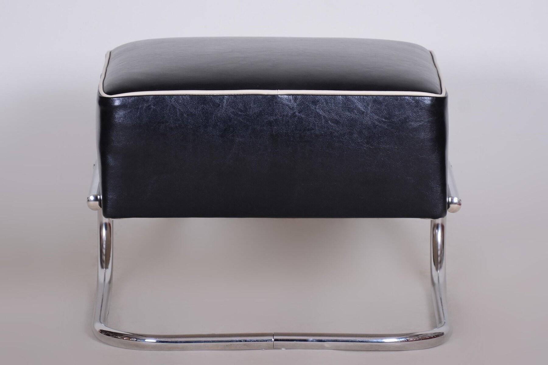 Black Leather Footstool from Slezák, Czechia, 1930s