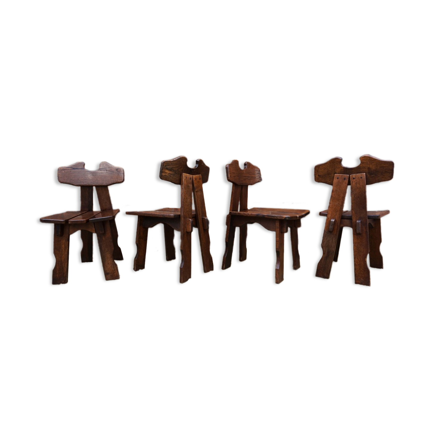 Dutch brutalist solid oak dining chairs, 1970s, set of 4