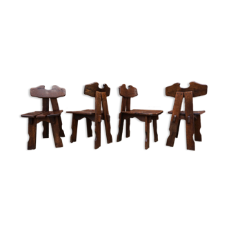Dutch brutalist solid oak dining chairs, 1970s, set of 4