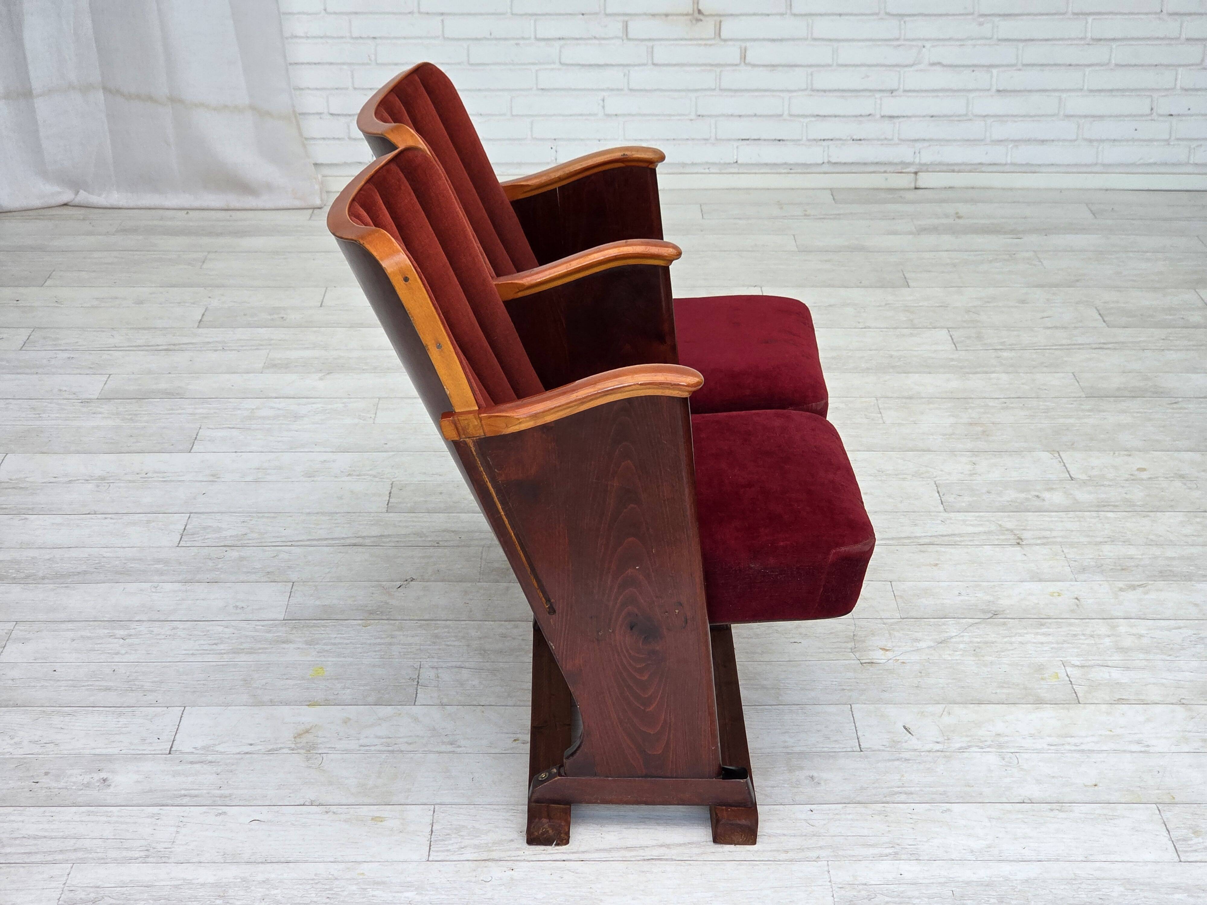 1950s, Danish theater armchairs, furniture velour, original condition.