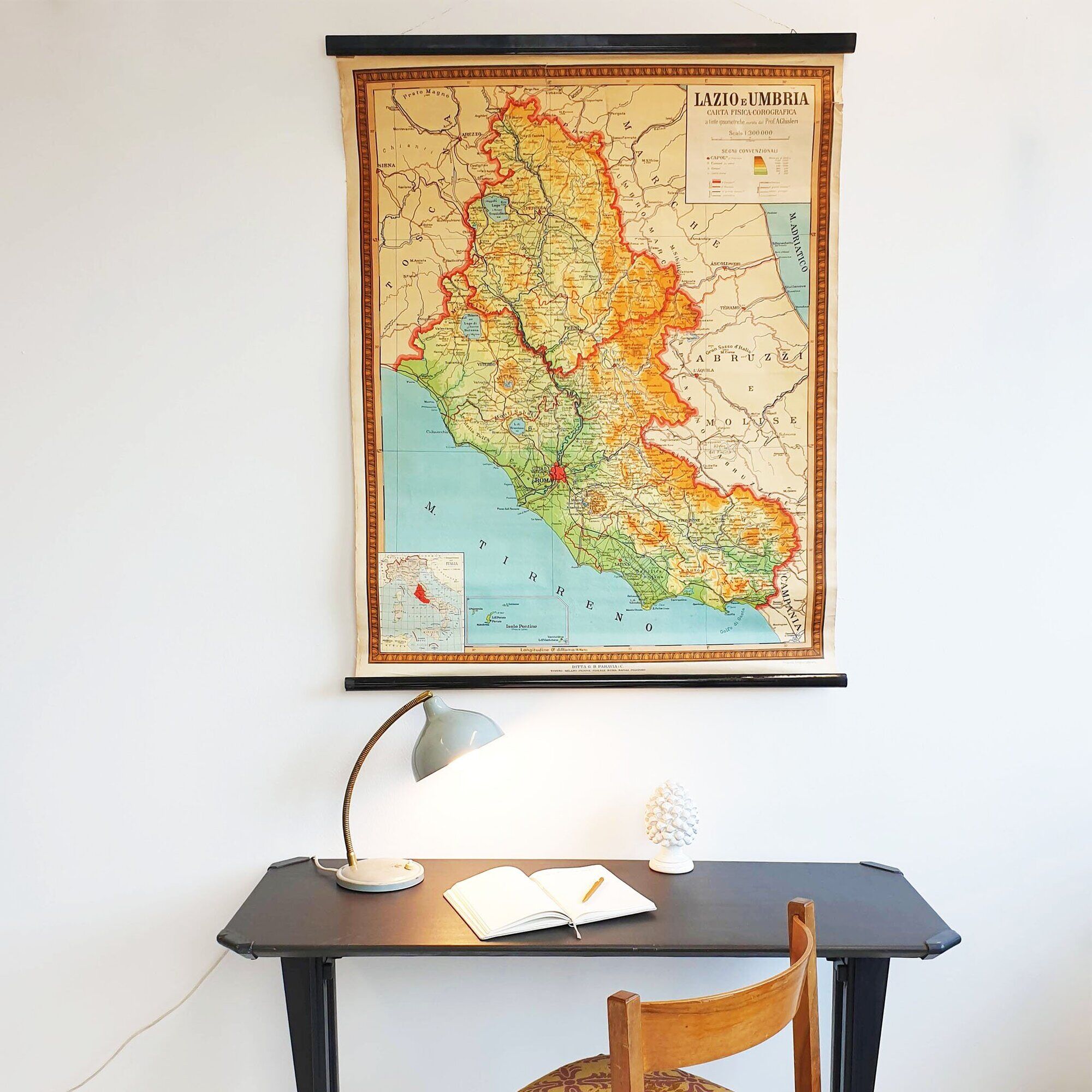 Vintage school map of Lazio and Umbria in Italy