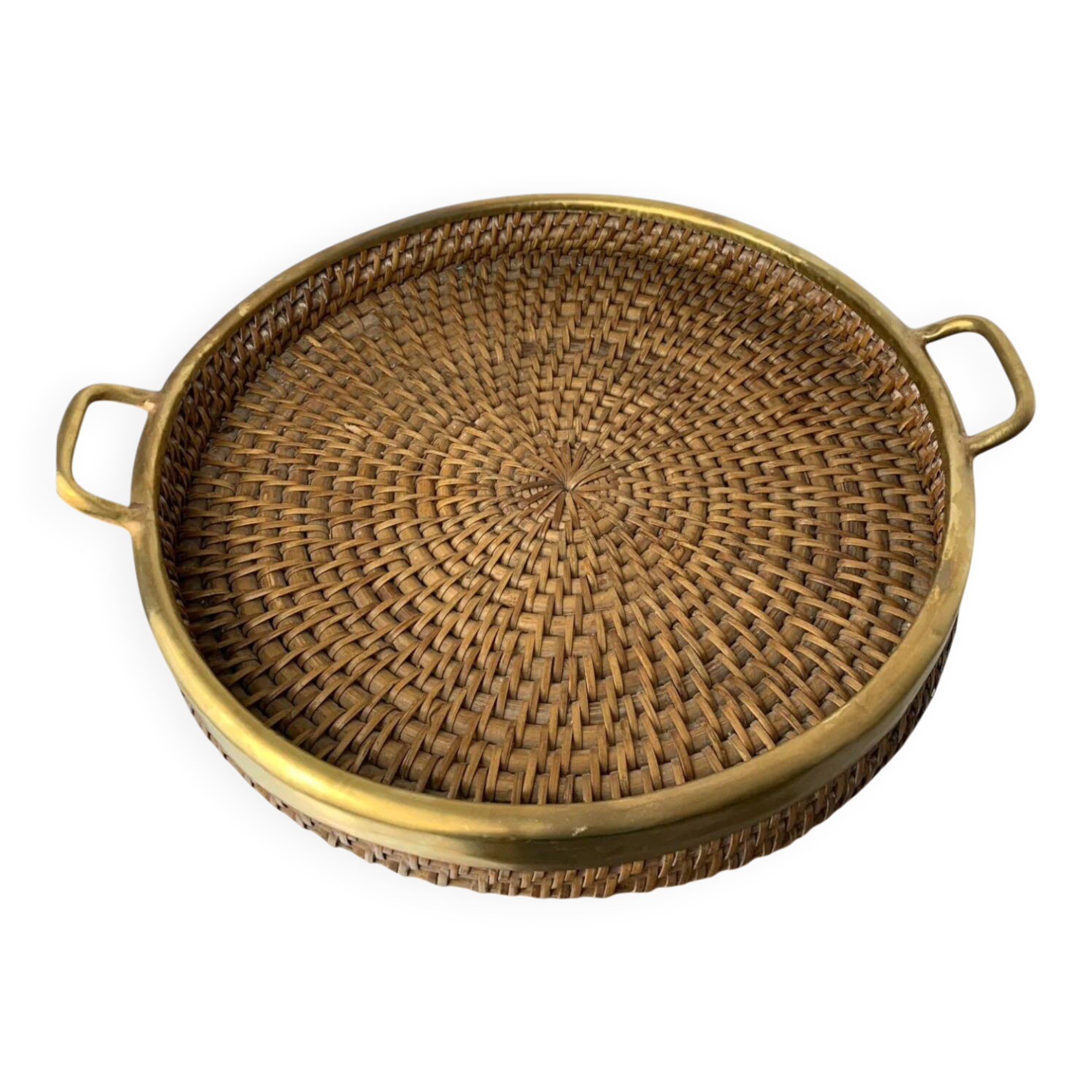 Circular rattan and brass tray, Italy, 1970s, 38 cm diameter