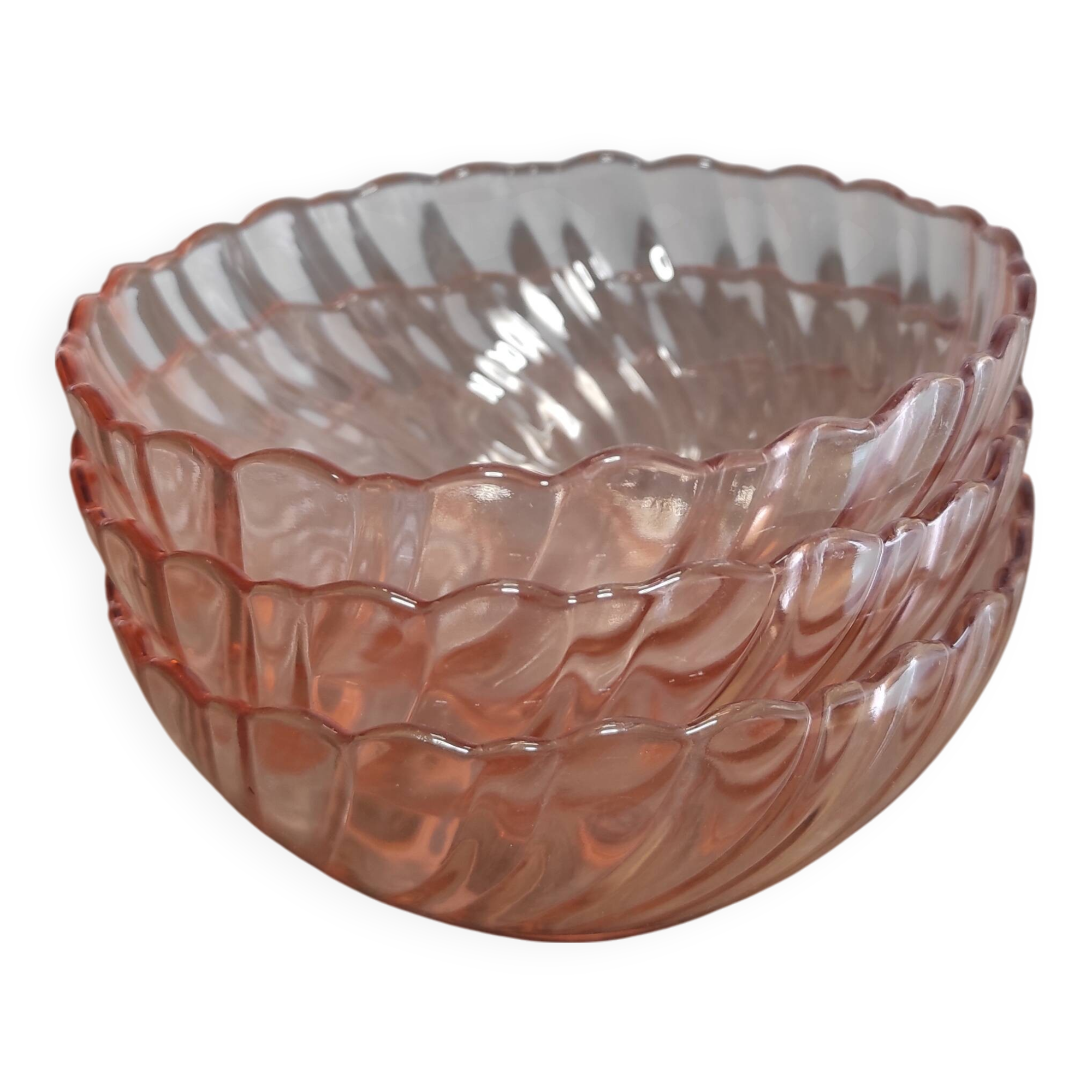 Set of 3 vintage Rosaline bowls in translucent pink glass