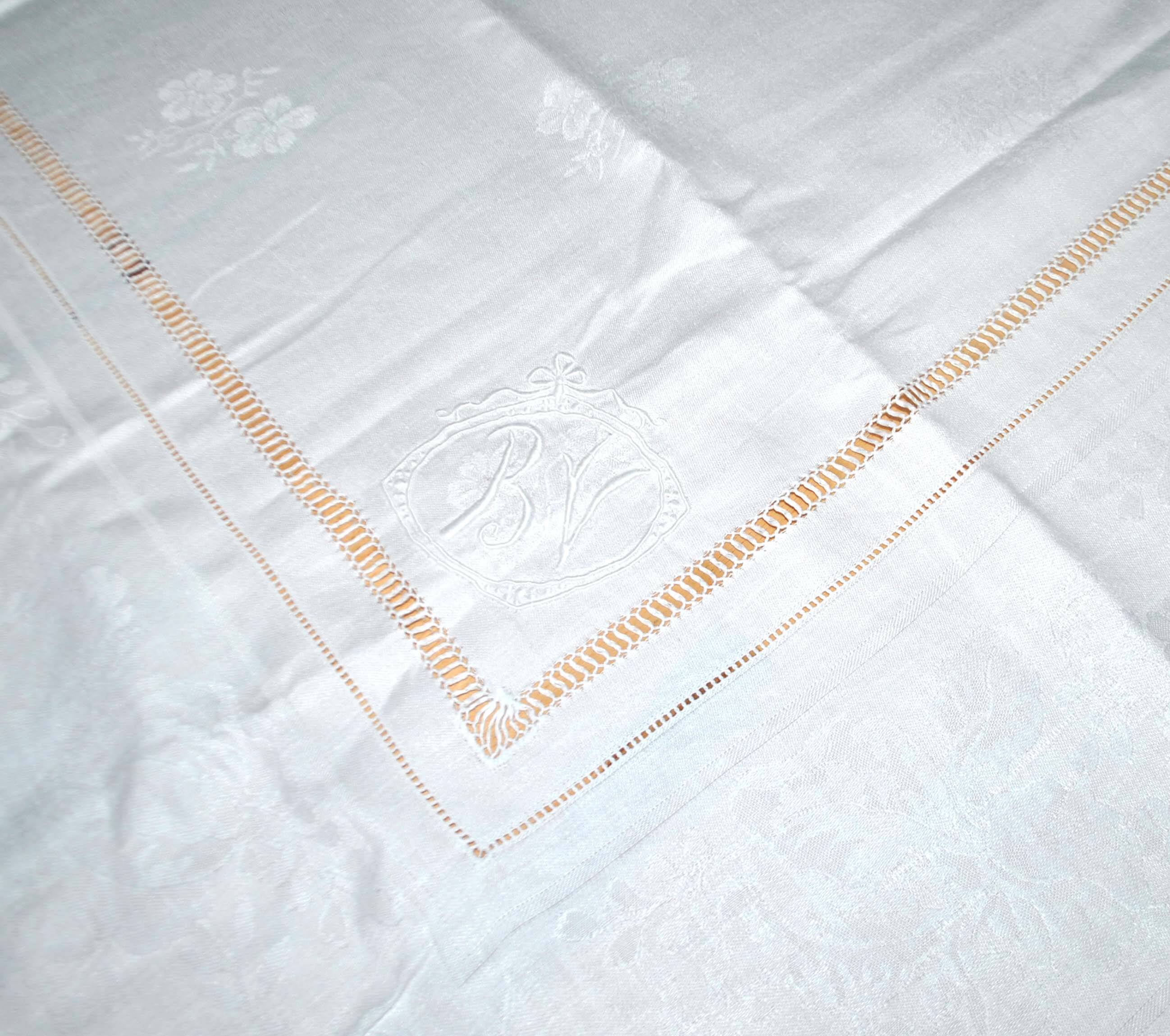 Vintage tablecloth in mixed cotton damask 130x150 floral decor monogram medallion BV + 10 napkins *M