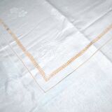 Vintage tablecloth in mixed cotton damask 130x150 floral decor monogram medallion BV + 10 napkins *M