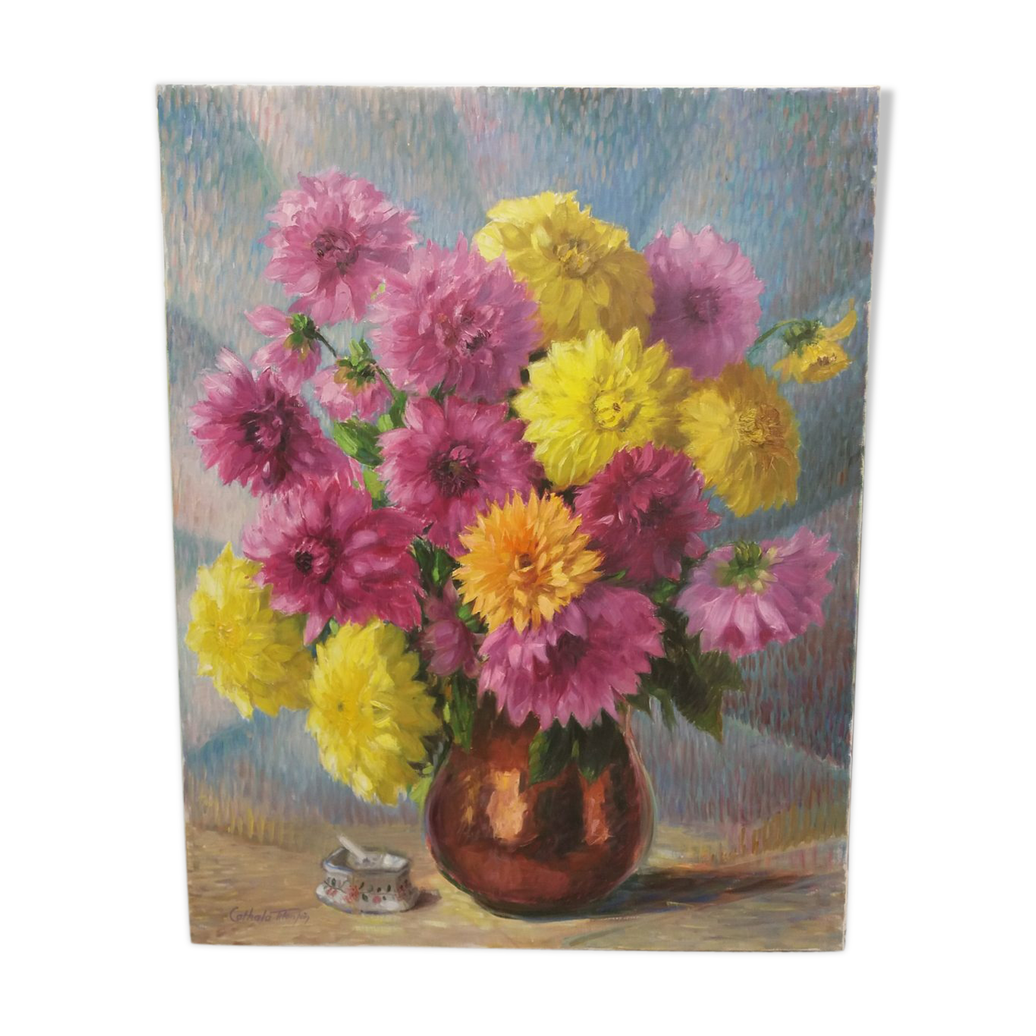 Table signed "Bouquet de dhalias"