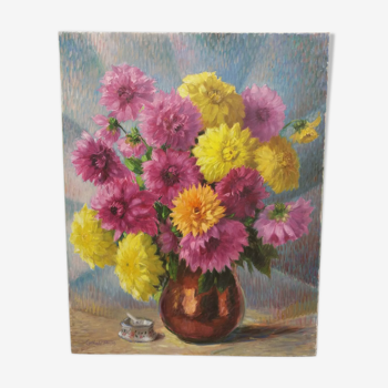 Tableau signé "Bouquet de dhalias"