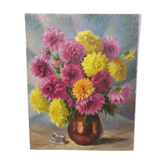 Table signed "Bouquet de dhalias"