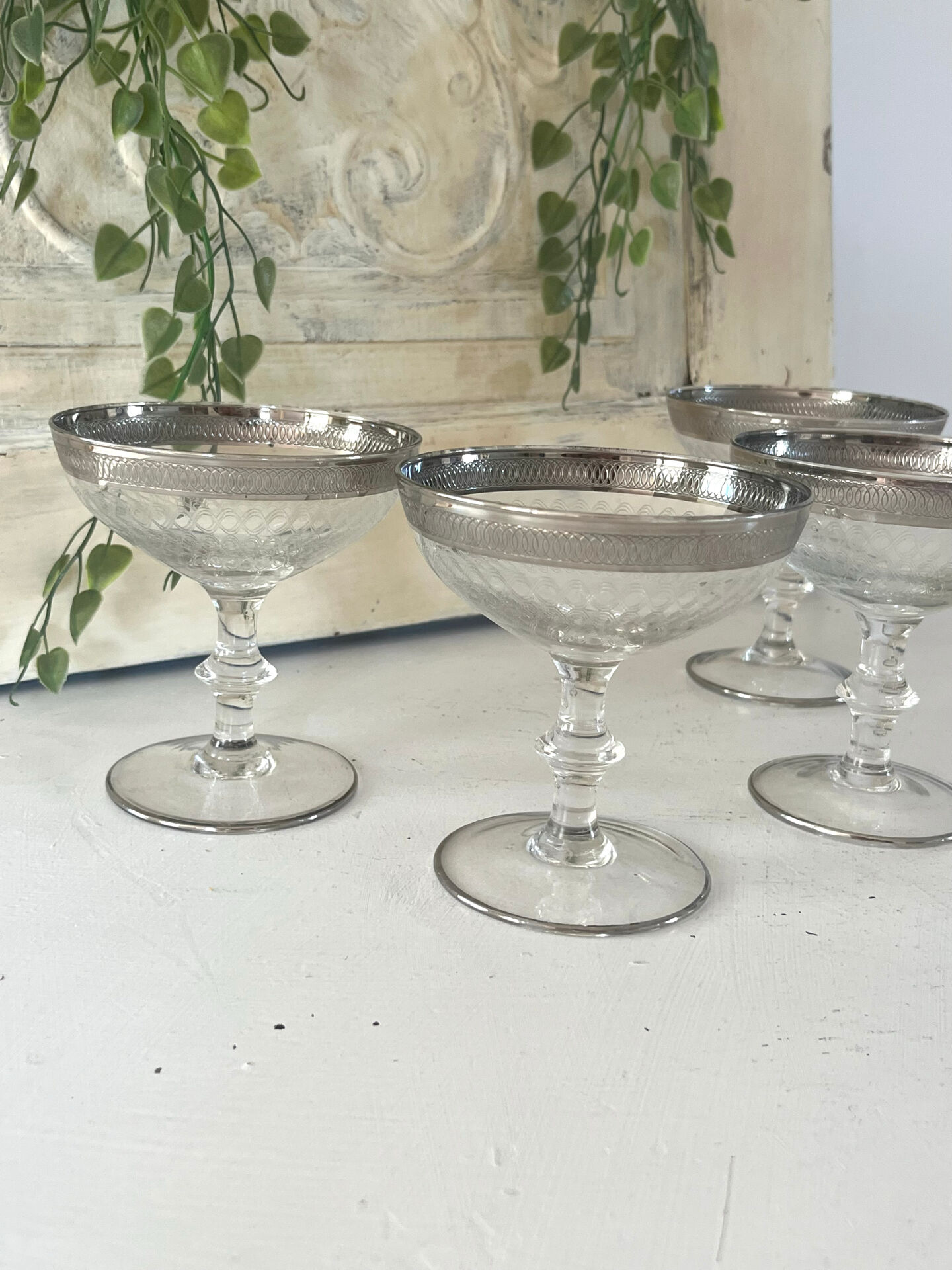 Etched silver rim cocktail coupe glasses set mid century barware